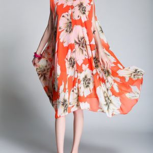 Floral Beach Printed Swing Sleeveless Midi Dress