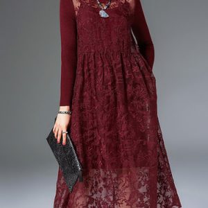 Floral Casual Crew Neck Embroidered Long Sleeve Midi Dress with Camis