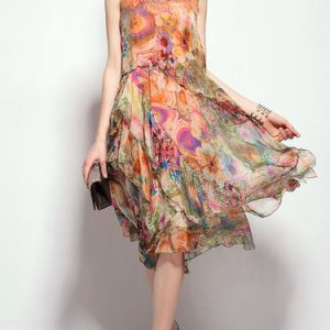 Floral Crew Neck Casual Sleeveless Asymmetrical Midi Dress