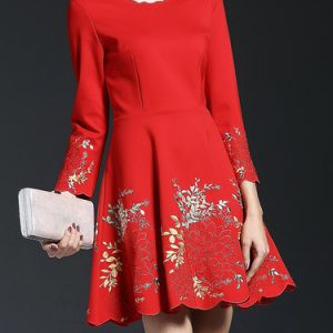 Floral Embroidered Long Sleeve Crew Neck Cotton-blend Mini Dress