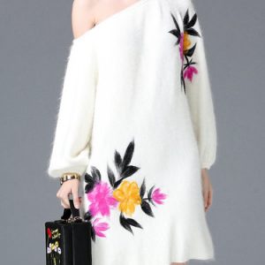 Floral Knitted Balloon Sleeve H-line Casual Sweater Dress