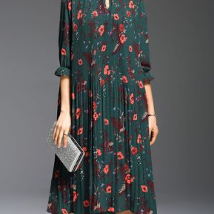 Floral Pleated Polyester 3/4 Sleeve Casual Midi Dress