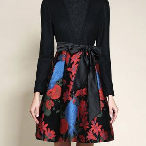 Floral Print Casual Long Sleeve Bow Midi Dress