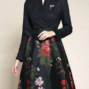 Floral Print Long Sleeve A-line V Neck Casual Midi Dress