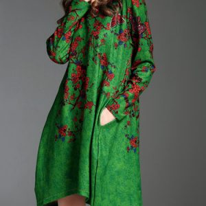 Floral Print Pockets Long Sleeve Vintage Midi Dress