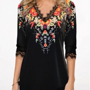 Floral Print Three Quarter Sleeve Lace Patchwork T Shirt - M