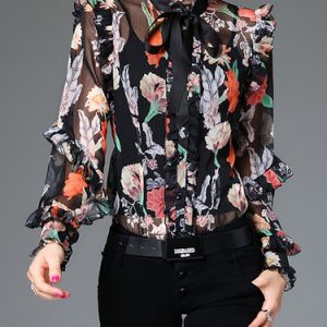 Floral Printed Ruffled Casual Long Sleeve Bodysuit with Camis