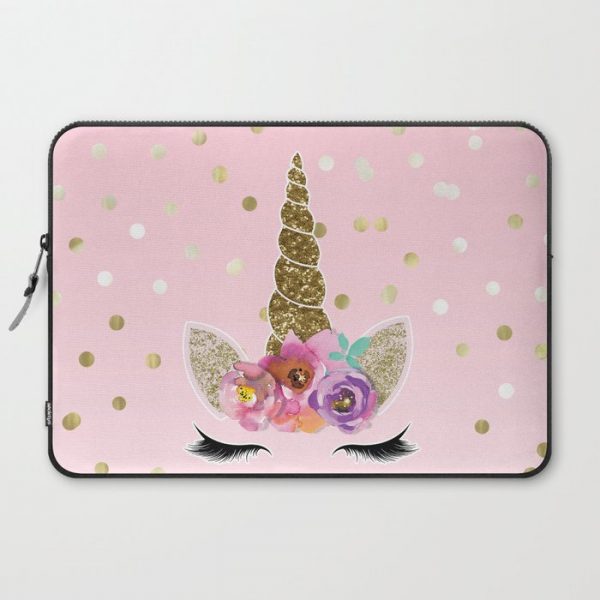 Floral Trendy Modern Unicorn Horn Gold Confetti Computer Cover by Christyne - Laptop Sleeve - 15"