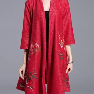 Floral-embroidered 3/4 Sleeve Vintage A-line Stand Collar Coat