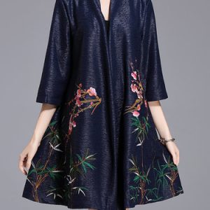 Floral-embroidered Stand Collar Vintage 3/4 Sleeve A-line Coat