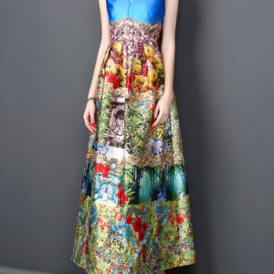 Floral-print A-line Painted V Neck Vintage Sleeveless Maxi Dress