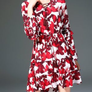 Floral-print Bell Sleeve Vintage V Neck Midi Dress