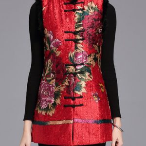 Floral-print H-line Sleeveless Vintage Fur And Shearling Coat