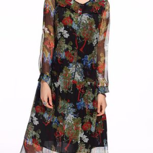 Floral-print Long Sleeve Silk Vintage Midi Dress