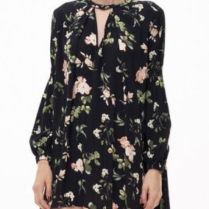 Floral-print V Neck Boho Long Sleeve Mini Dress