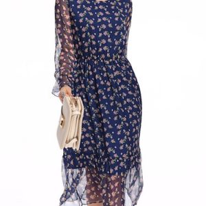 Flounce Vintage Floral Print Silk Frill Sleeve Midi Dress