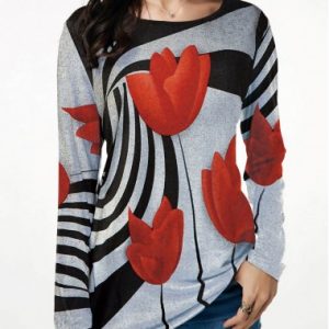 Flower Print Round Neck Long Sleeve T Shirt - M