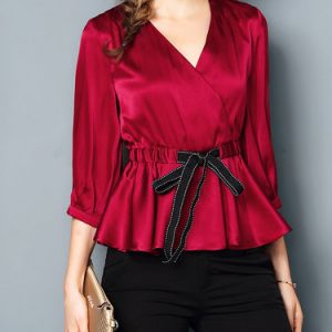 Folds A-line Solid 3/4 Sleeve V Neck Silk Blouse