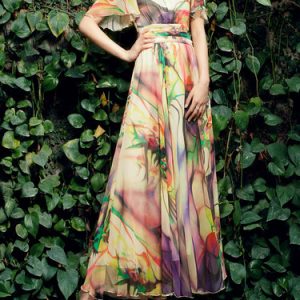 Folds Frill Sleeve Casual Crew Neck Abstract Maxi Dress