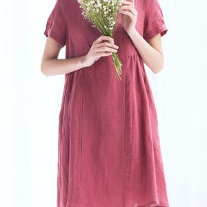 Folds Simple Linen Short Sleeve A-line Midi Dress