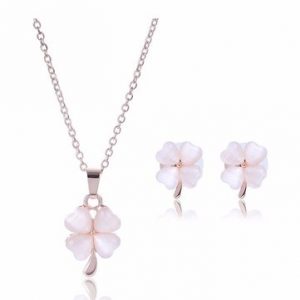 Four Leaf Flower Opal Necklace Earring Jewelry Set