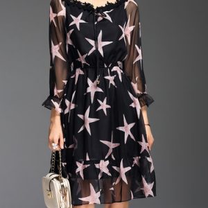 Frill Sleeve Casual Geometric A-line Midi Dress