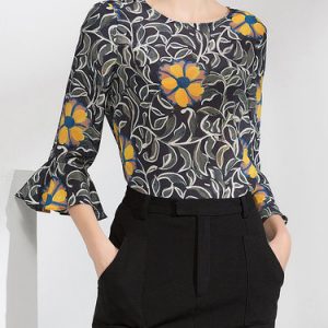 Frill Sleeve Floral Print Casual Silk H-line Blouse