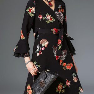 Frill Sleeve Floral Surplice Neck Pockets Elegant Midi Dress with Belt