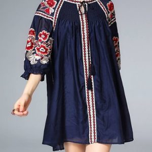 Frill Sleeve Vintage Floral-embroidered Cotton-blend Tunic