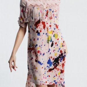 Fringed Girly High Low Abstract Stand Collar Midi Dress