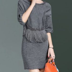 Fringed Plain Beaded Two Piece Casual Mini Dress