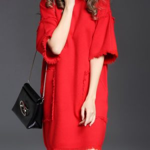 Fringed Pockets Half Sleeve Casual H-line Midi Dress