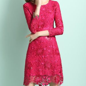 Fuchsia 3/4 Sleeve A-line Pierced Lace Midi Dress