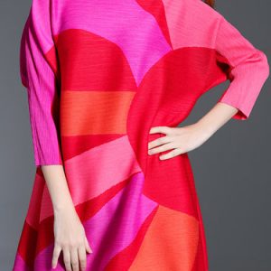 Fuchsia Color-block A-line Casual Crew Neck Tunic