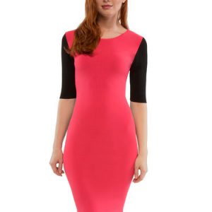 Fuchsia Color-block Sheath Half Sleeve Midi Dress