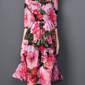 Fuchsia Crew Neck Floral-print Casual A-line Midi Dress