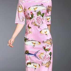 Fuchsia Elegant Sheath Printed Appliqued Midi Dress