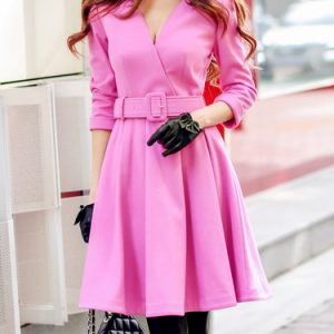 Fuchsia Girly Folds Plain Midi Dress