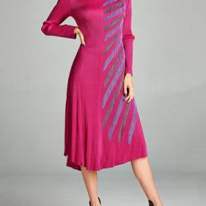 Fuchsia Stripes Ribbed Long Sleeve Midi Dress