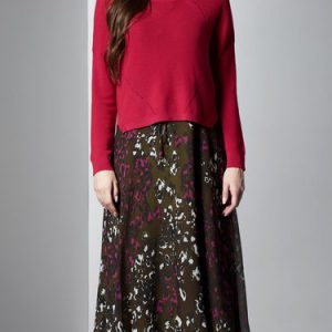 Fuchsia Two Piece Stand Collar Knitted Printed Long Sleeve Silk Wool blend Midi Dress