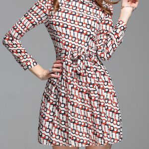 Geometric Long Sleeve Silk-blend A-line Casual Mini Dress with Belt