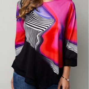 Geometric Print Asymmetric Hem Round Neck T Shirt - XL