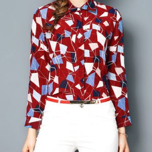 Geometric Printed Shirt Collar Long Sleeve Silk Casual Blouse