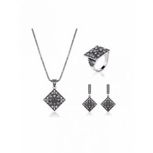 Geometry Jewelry Set Alloy Rhinestone Square Necklace Earrings Kit