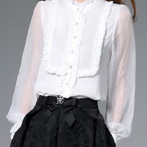 Georgette Simple Ruffled Long Sleeve Bodysuit Blouse