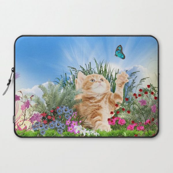 Ginger Kitten Playing with a Butterfly Computer Cover by Nadine May - Laptop Sleeve - 15"