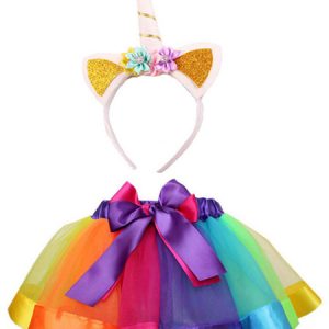 Girls Unicorn Halloween Costume Color Block Mini Skirt With Headband