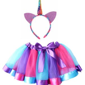 Girls Unicorn Halloween Costume Color Block Mini Skirt With Headband