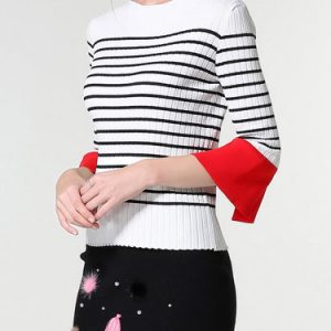 Girly 3/4 Sleeve Stripes Color Block Knitted Long Sleeved Top