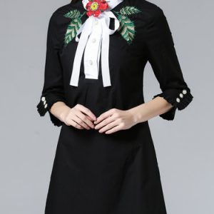 Girly Cotton Embroidered 3/4 Sleeve Shirt Collar Shirt Dress